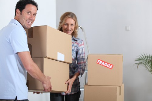 Packed office furniture and equipment ready for relocation