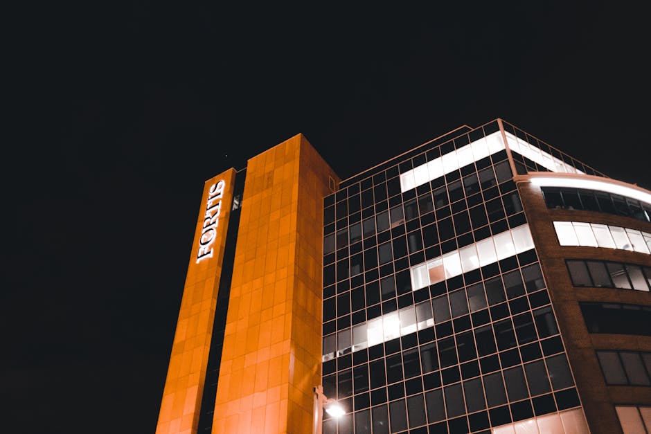 Nighttime exterior view of a modern office building with reflective glass windows and a prominent vertical sign displaying the word 'Fortis'. The building features a grid-like framework around the windows, with illuminated interior spaces visible through the glass. Adjacent to the building, a pavement area is shown with a man with van Fortis Green vehicle partially visible, prepared for home relocation or furniture transport tasks. The vehicle is positioned near the entrance, indicating a loading or unloading process typical of professional removals services. The sky above is dark, emphasizing the building's lighting and the urban environment. This scene reflects the logistics involved in packing, loading, and transporting furniture or belongings during house or office moves, highlighting the expertise of [COMPANY_NAME] in handling urgent or same-day moves within high-rise or commercial properties, aligned with the specific move planning and transit needs described on the page.